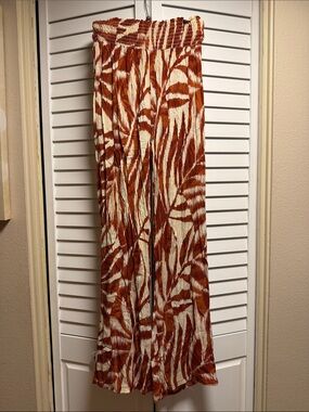 Smocked Waist Rust Leaf-Print Wide Leg Pants
